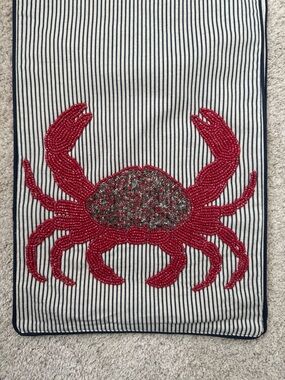 RARE Pier 1 Red Beaded Crab Accent on Navy Stripe Table Runner